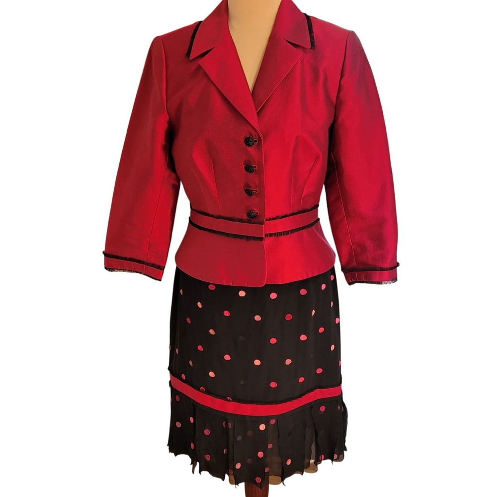 Kay Unger Pink Silk Skirt Set 8 Vintage Embroidered Polka Dot Pink Black Pleated